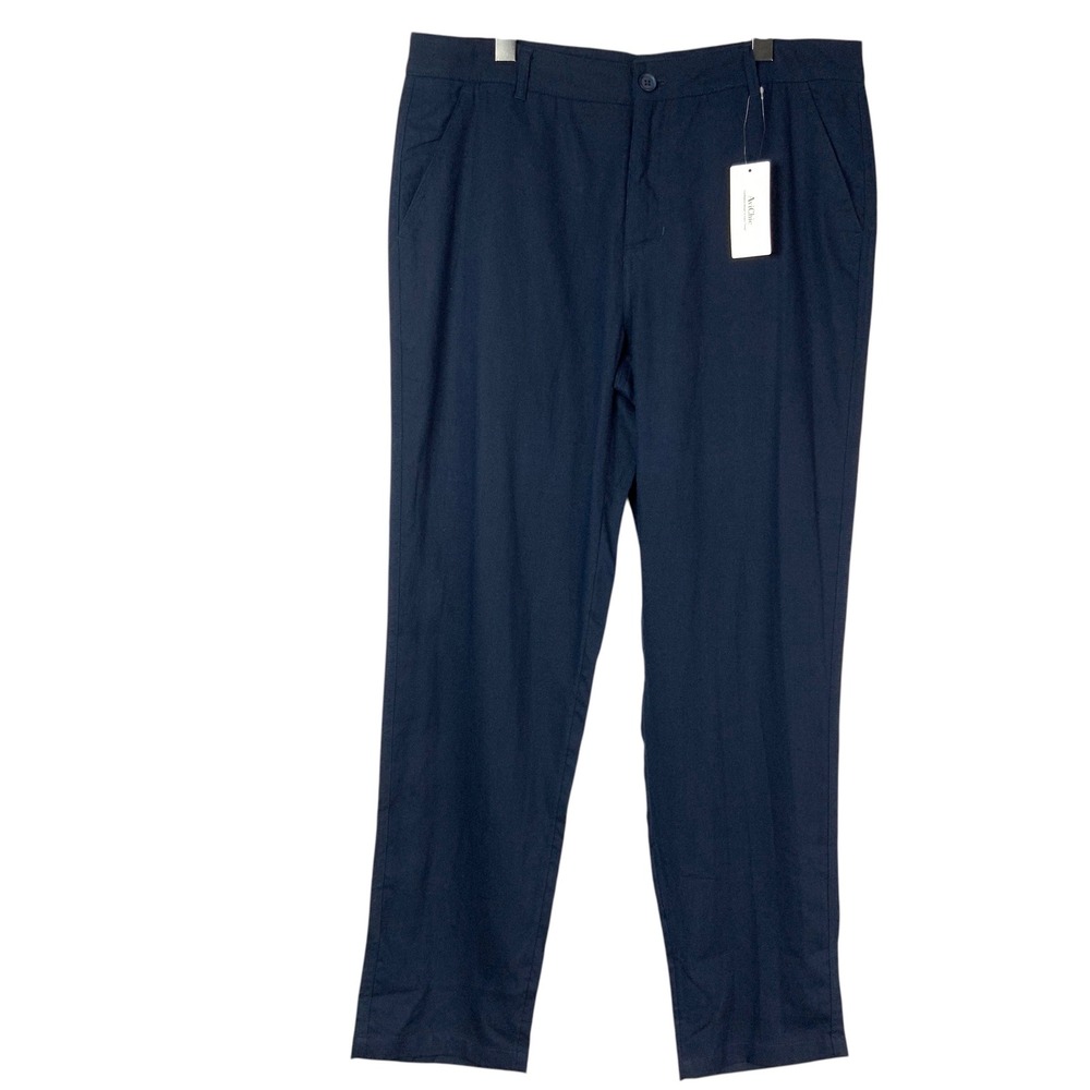 AviChic Navy Blue Cotton Linen Blend Trousers 34x30 Button Fly Straight Leg